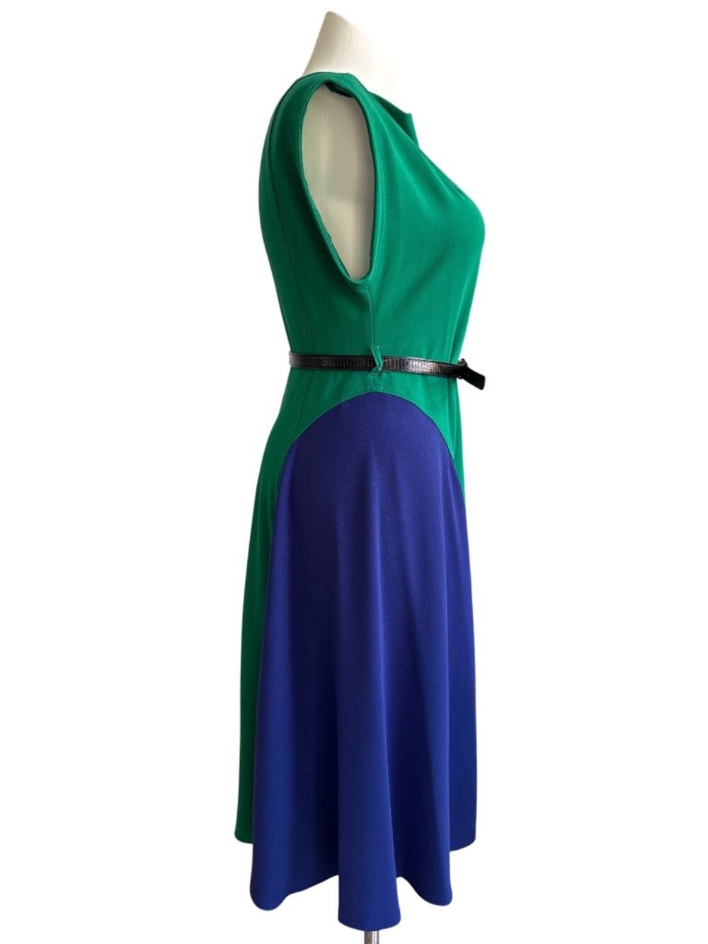 Donna Karan NWT $159 Colorblock Green Blue Ivory Belted Midi Dress Size 14 - Picture 4 of 10